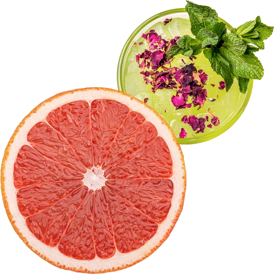 grapefruit and a grapefruit cut in half as ingredients for beverages