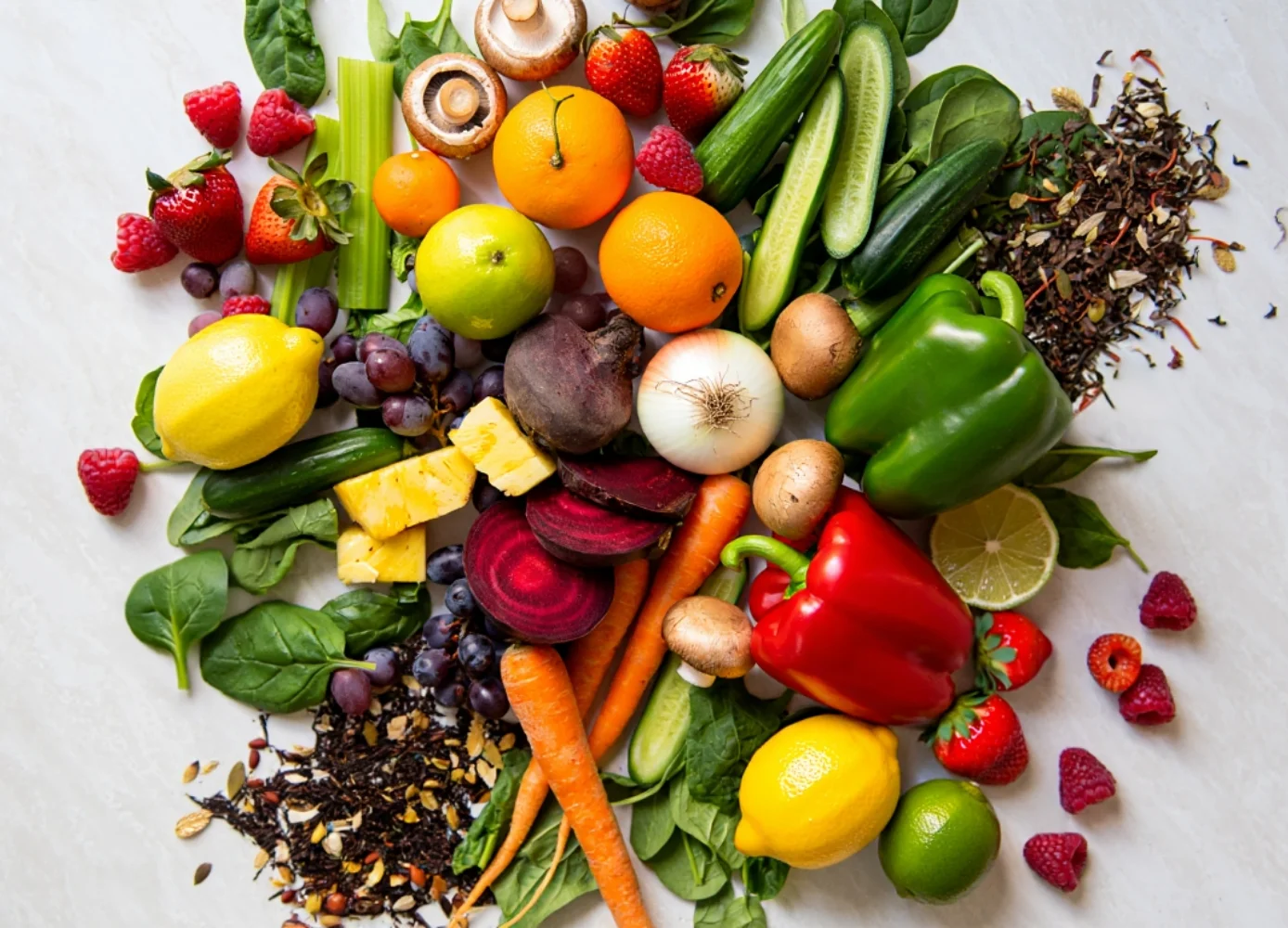 pile of different types of fruits and vegetables used as ingredients in beverages and manufacturing