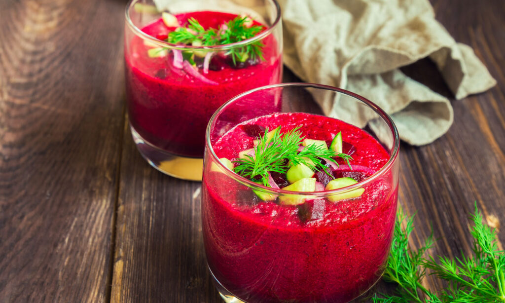 Beet smoothies with cucumber and dill in glasses, formulated with beet nitrates.